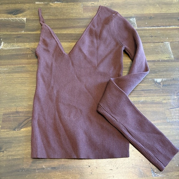 Zara Ribbed Cold Shoulder Tank Top Long Sleeve Brown Chocolate Small V Neck - Picture 2 of 6